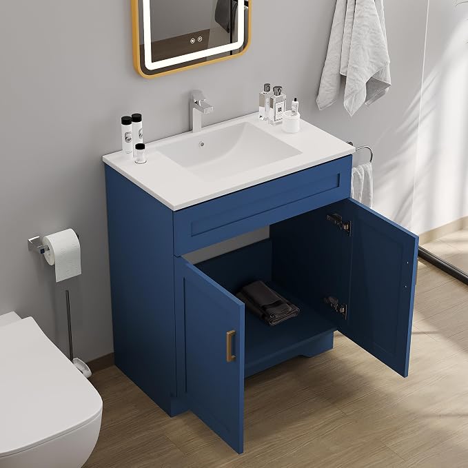 Bathroom 30" Vanity with Ceramic Sink, Wooden Double Door Bathroom Storage - Image 4