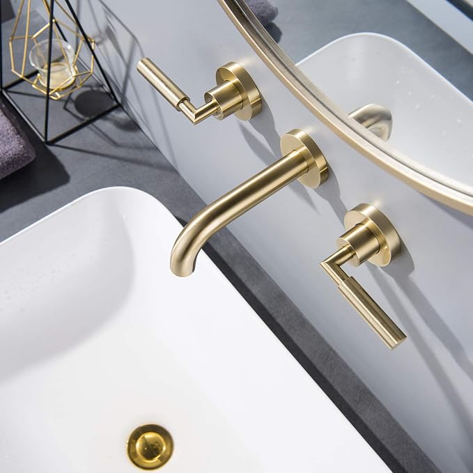 RBROHANT Brushed Gold Wall Mount Bathroom Faucet, Wall Mounted Sink Faucet - Image 3
