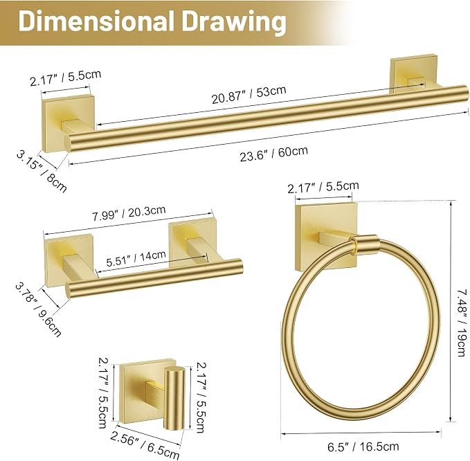 TURS Brushed Gold 5 Piece Bathroom Hardware Accessories Set, SUS304 Stainless - Image 7
