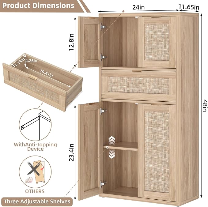 LEYAOYAO 48" Tall Storage Cabinet Set of 2, Rattan Bathroom Floor Cabinets - Image 2