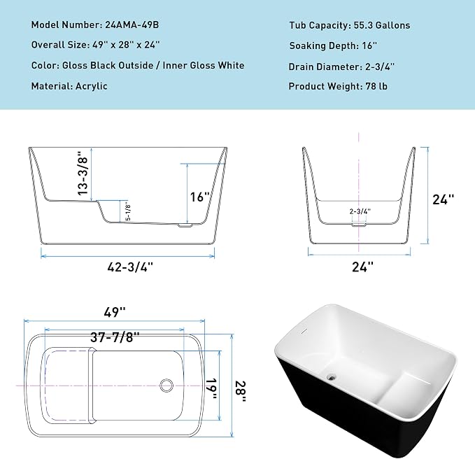 Abruzzo 49"Acrylic Free Standing Tub, Janpanese Soaking Tub - Image 9