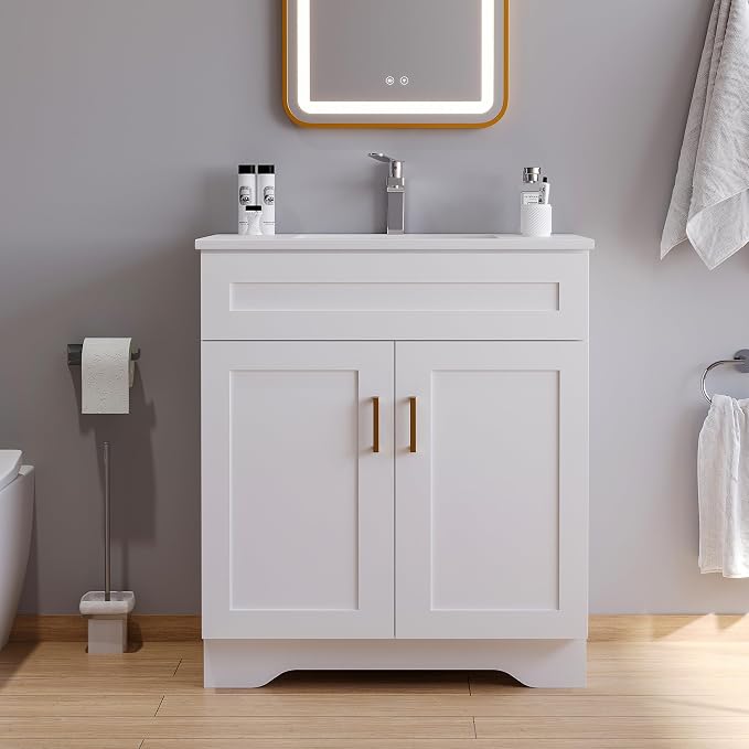 Bathroom 30" Vanity with Ceramic Sink, Wooden Double Door Bathroom Storage - Image 3