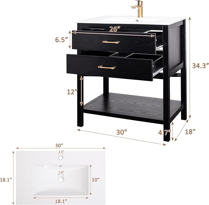30 Inch Bathroom Vanity with Sink & Faucet & Drain, Farmhouse Freestanding - Image 2