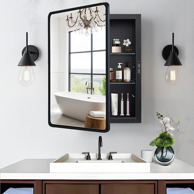 Black Medicine Cabinet 20x26 inch, Bathroom Mirror by KIMREAL