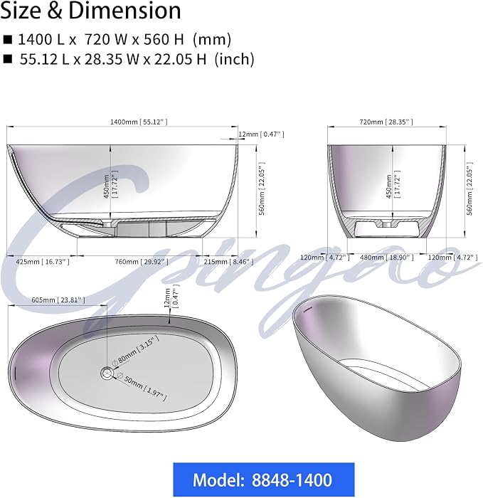 Cpingao 55" Stone Resin Freestanding Bathtub Contemporary Soaking Matte White - Image 6