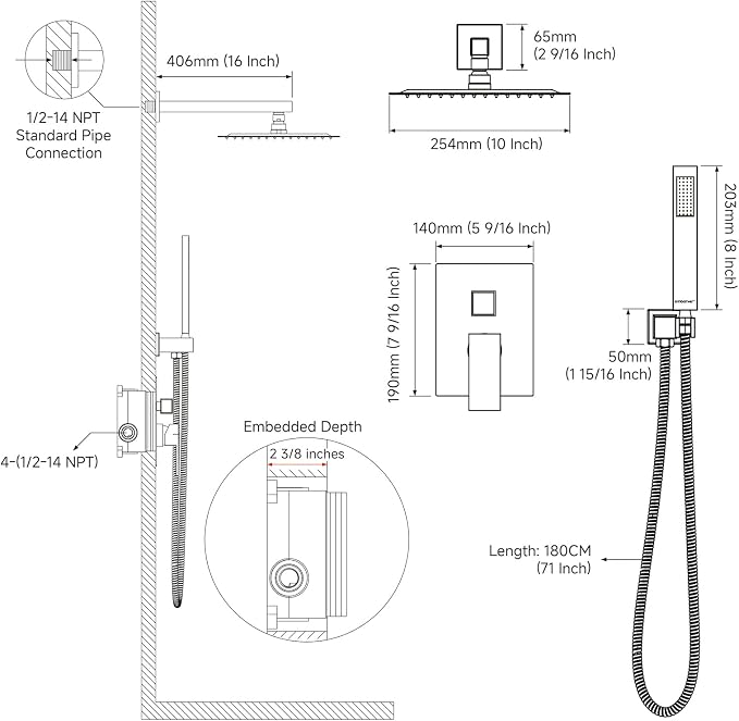 Black Shower System Sets Faucet: EMBATHER 10 Inch Overhead Rainhead Shower - Image 9