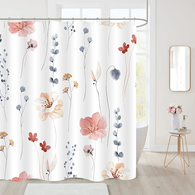 Gibelle Watercolor Floral Shower Curtain, Coral Beige Flower Shower Curtain - Image 2