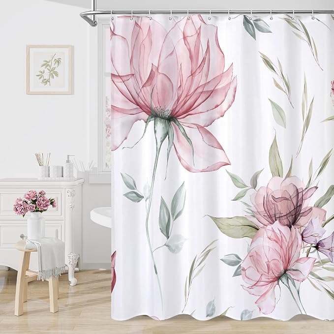 Pink and Grey Boho Watercolor Floral Shower Curtain, Ink Painting Style Blossom by Decorateyourhome
