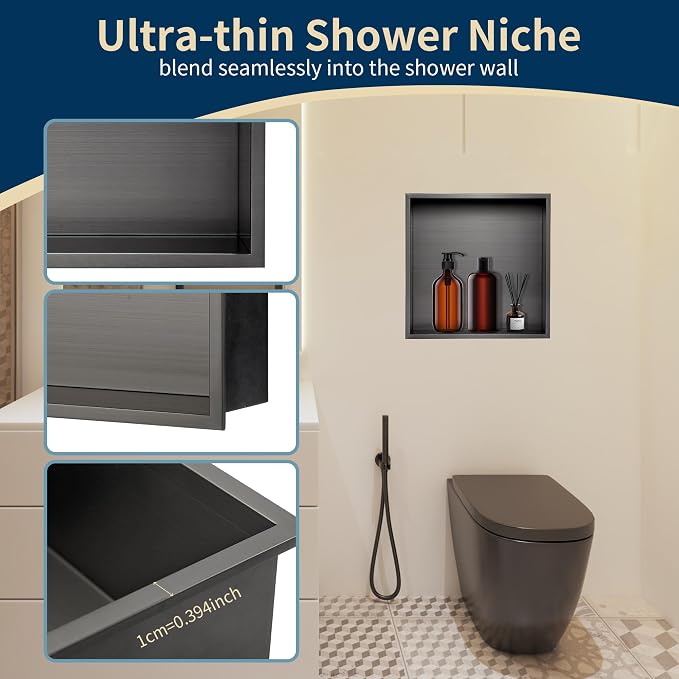 12x12 Shower Niche Insert Tile Ready, Stainless Steel Brushed Black Recessed - Image 4