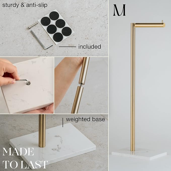 MARMOLUX ACC Free Standing Gold Toilet Paper Holder Stand White Marble Base and - Image 3