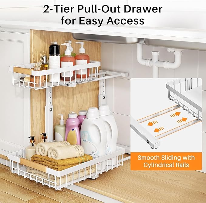 PXRACK 1 Pack Under Sink Organizer, Adjustable Height, 2 Tier Pull Out Under - Image 4