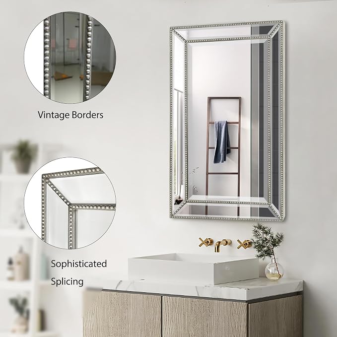 Bathroom Medicine Cabinet with Silver Metro Beaded Wooden Frame, 16x26 Inch - Image 5