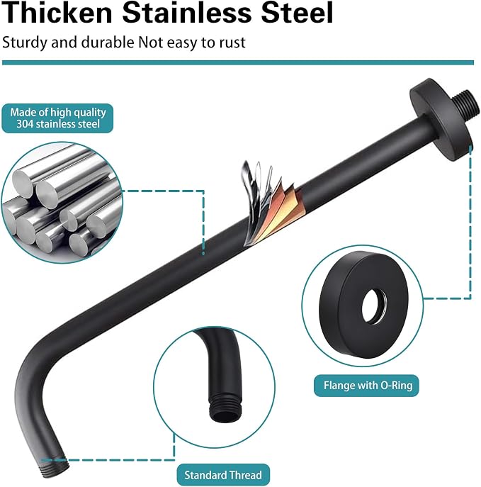 16 Inch Shower Arm with Flange, Stainless Steel 90 Degree Rain Shower Head - Image 6