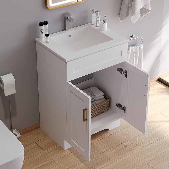 Bathroom 24" Vanity with Ceramic Sink, Wooden Double Door Bathroom Storage - Image 6