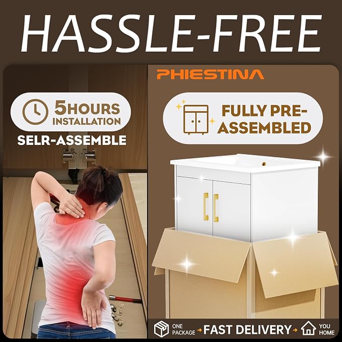 phiestina Fully Pre-Assembled 24 inch White Bathroom Vanity - Image 4