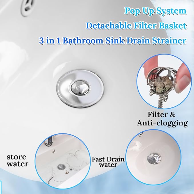 3 in 1 Bathroom Sink Drain Strainer, Universal Pop Up Bathroom Sink Stopper - Image 2