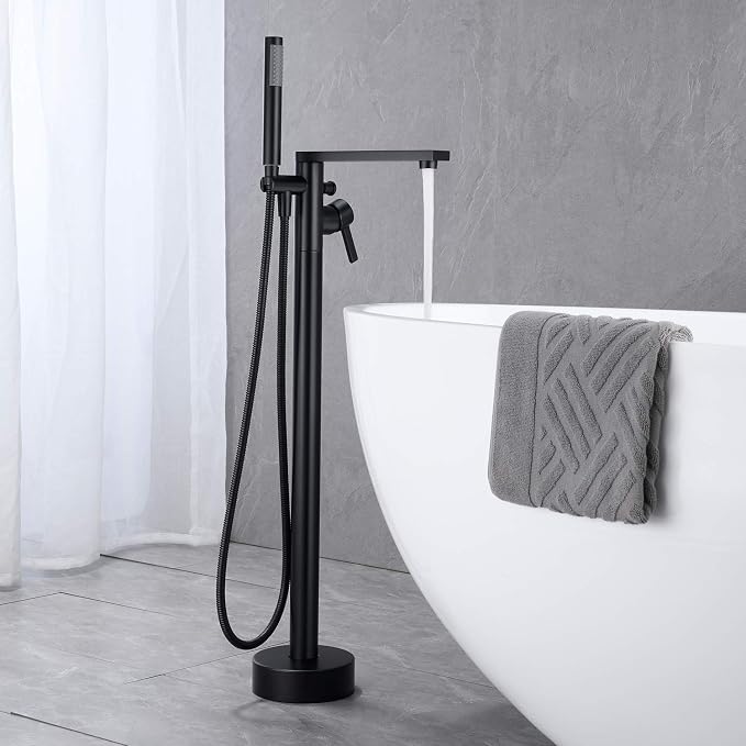 Freestanding Bathtub Faucet Tub Filler Black Floor Mount Brass Single Handle - Image 3