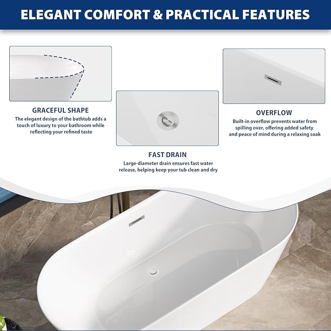 Sarlai 67 Inch Acrylic Freestanding Soaking Bathtub Contemporary Soaking White - Image 8