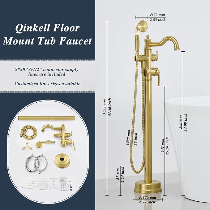 Free Standing Tub Faucet, Qinkell Classic Elegant Gooseneck Freestanding - Image 6
