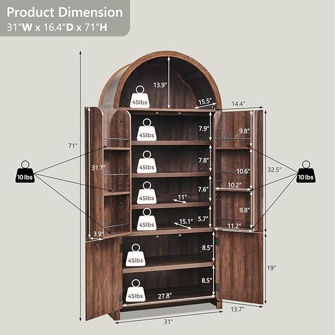 71" Tall Arched Kitchen Pantry, Modern Fluted Wood Storage Cabinet - Image 2