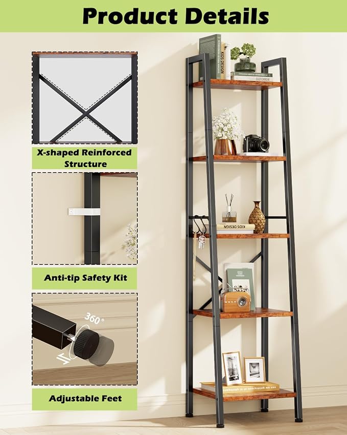 Furologee 5 Tier Ladder Shelf Bookcase, Tall Narrow Bookshelf - Image 7