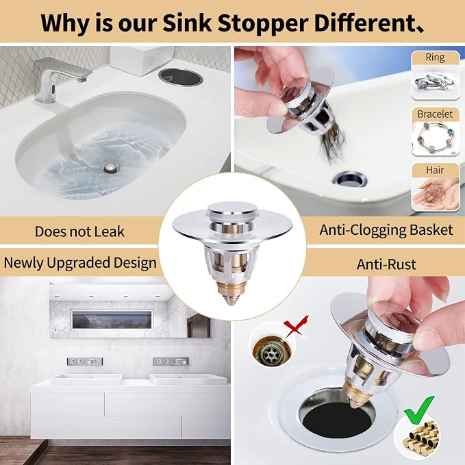 U.S. Standard Bathroom Sink Stopper 1.1"-1.5", Stainless Steel Universal Pop Up - Image 5