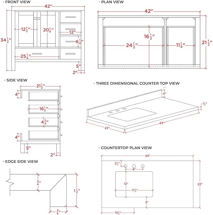 ARIEL 43" Midnight Blue Bathroom Vanity, 1.5" Edge Pure White Quartz Countertop - Image 9
