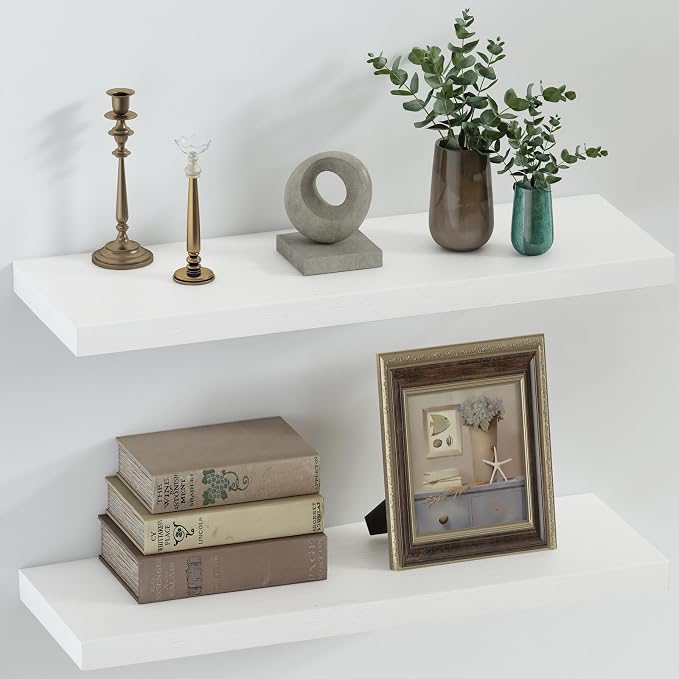 SAUMONIERES Floating Shelves 8 Inch Deep Solid Wood Wide Wall Shelf Set of 2 by Saumonieres