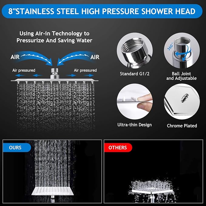 Shower Head Combo, 8 Inch High Pressure Rain Shower Head - Image 4