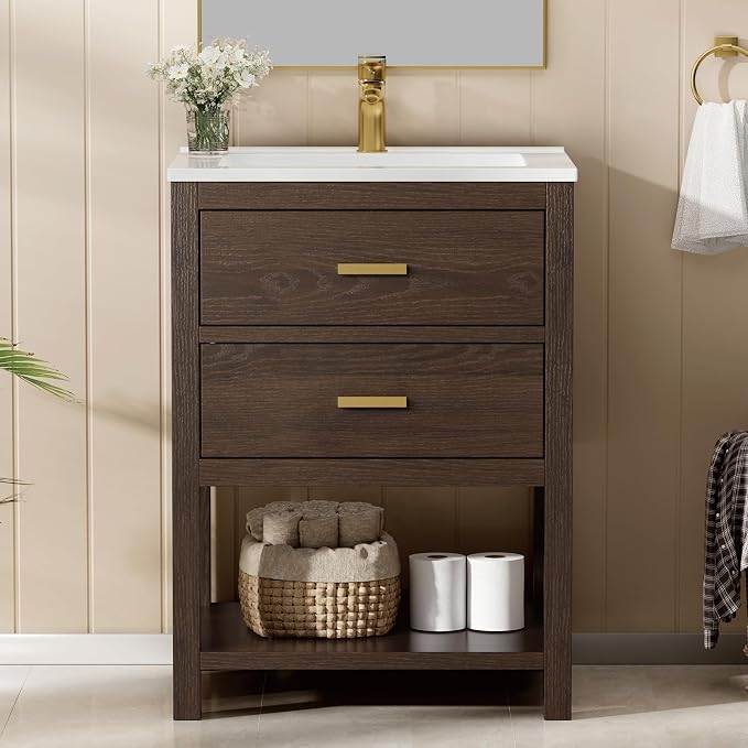 24 Inch Bathroom Vanity with Sink, Cabinet Sink Farmhouse Style with Drawers & by DELUXELIVING