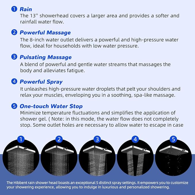 Hibbent Upgraded cUPC Certified 13'' Shower Head Combo, High Pressure 5 Spray - Image 2