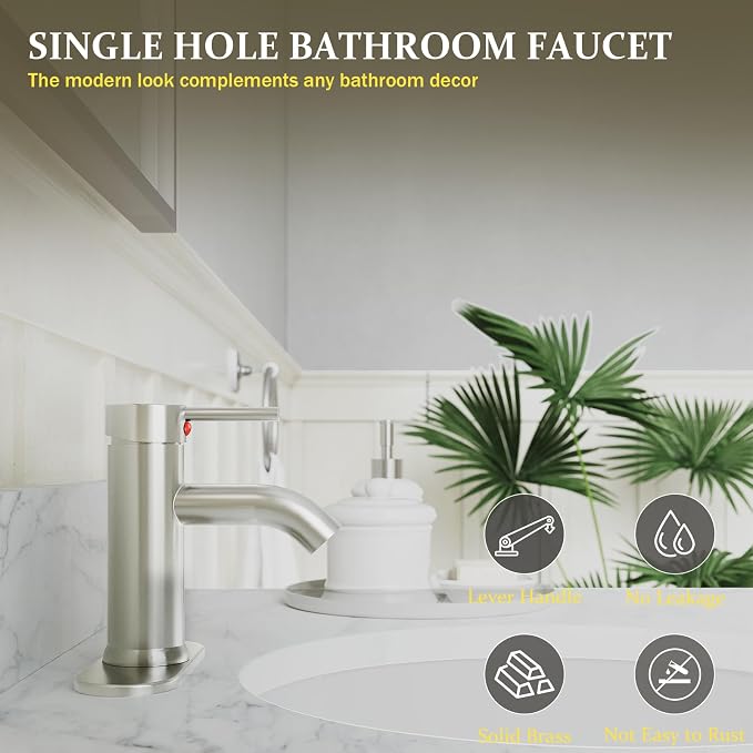 Brushed Nickel Bathroom Faucet, Bathroom Sink Faucet, Single Handle One Hole - Image 3