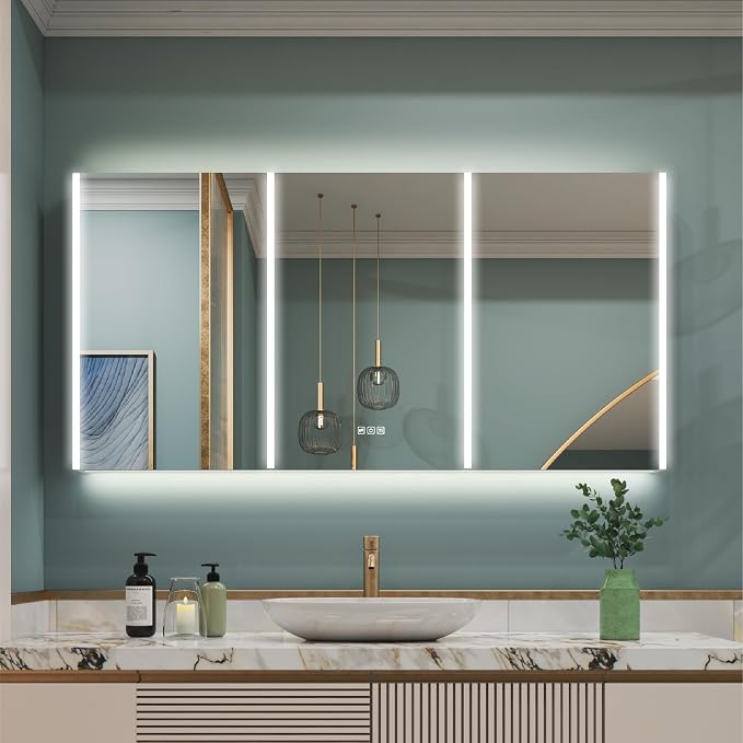 WELLFOR 60" x 30" LED Mirrored Bathroom Cabinet, Mirror Medicine Cabinet - Image 9