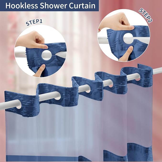 Hookless Shower Curtain with Snap in Liner 71" x 86" Double-Layer Waterproof - Image 2