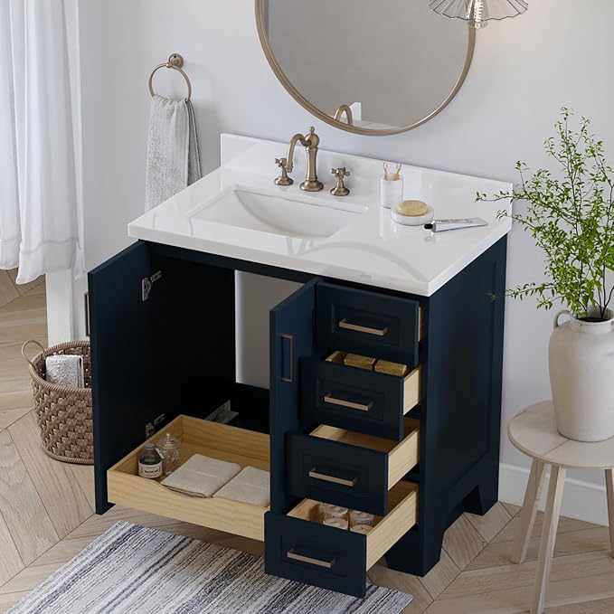 ARIEL 37" Midnight Blue Bathroom Vanity 1.5" Edge Pure White Quartz Countertop - Image 4