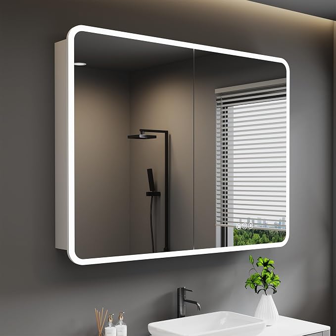 Medicine Cabinet with LED Lights and Mirror, 48 x 32 Inch Surface or Recessed by HBEZON