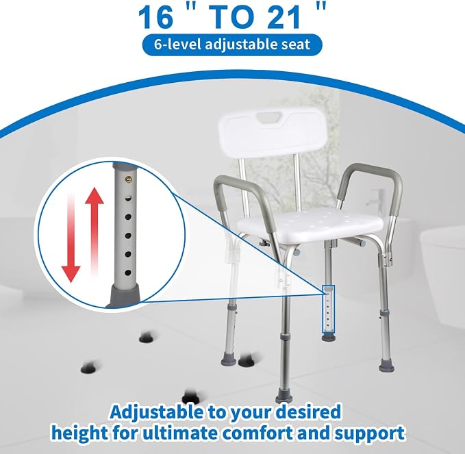 Shower Chair with Back and Padded Arms, Adjustable Height Shower and Bath Bench - Image 4