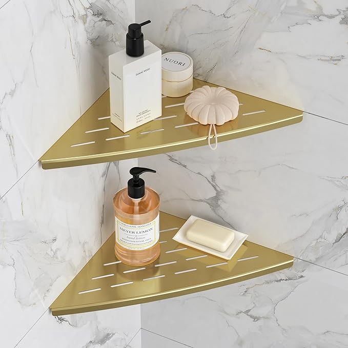 Corner Shower Shelf Brushed Golden, 304 Stainless Steel 11.5” Recessed Corner by Qeke