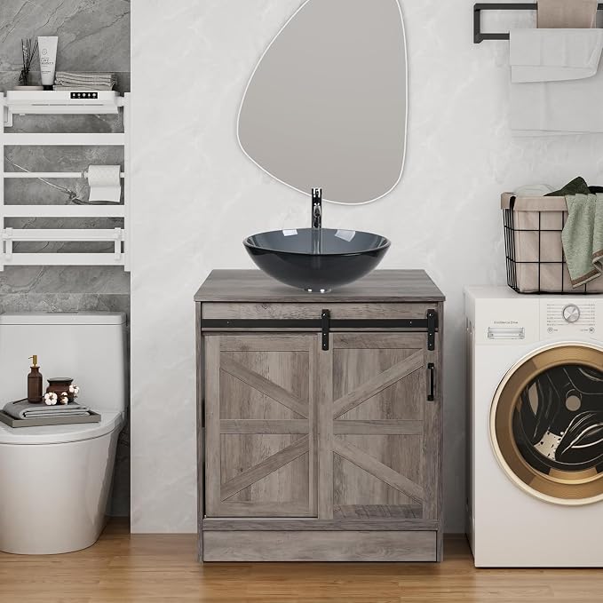 30" Barn Door Bathroom Vanity, Farmhouse Style Standing Pedestal Cabinet by Solidee