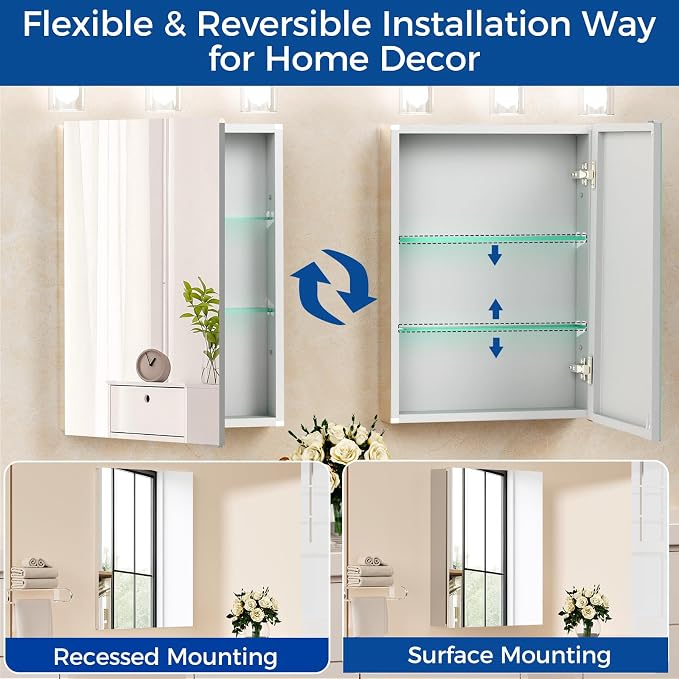Bathroom Medicine Cabinet with Mirror, 20x26 Recessed or Wall Mirror Medicine - Image 7