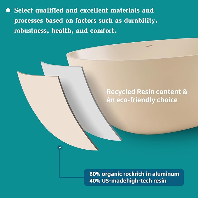 Stone Resin Freestanding Bathtub 65", Elegant Oval Shape Soaking Tub, Solid - Image 9