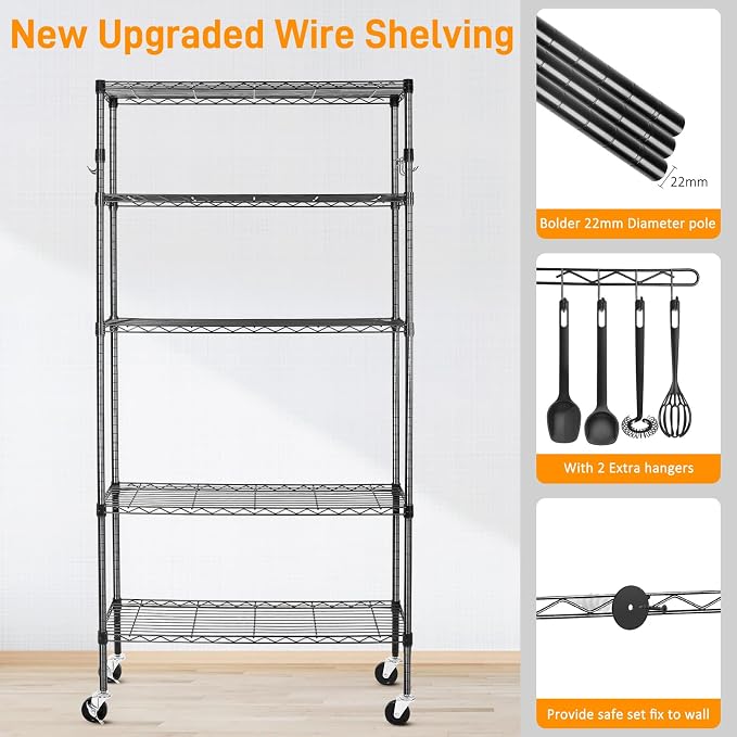 5 Tier Storage Shelves with Wheels, 1750lbs Capacity Heavy Duty Shelving Units - Image 6