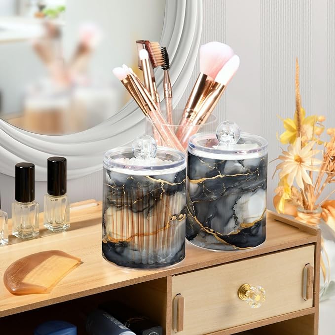 MNSRUU 4 Pack Qtip Holder Organizer Dispenser Abstract Black White Gold Marble - Image 5