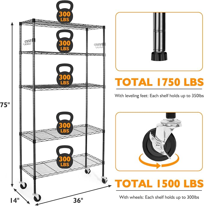 5 Tier Storage Shelves with Wheels, 1750lbs Capacity Heavy Duty Shelving Units - Image 3