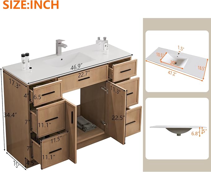 48 Inch Bathroom Vanity Without Sink, Freestanding Wood Farmhouse Cabinet - Image 3