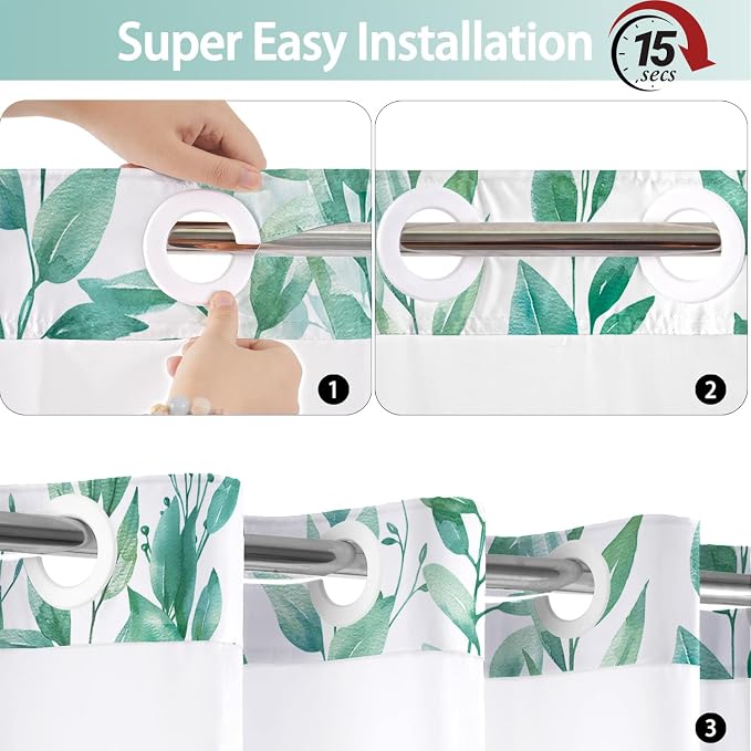 No Hook Shower Curtain and Liner Set, Teal Eucalyptus Floral Shower Curtains - Image 5