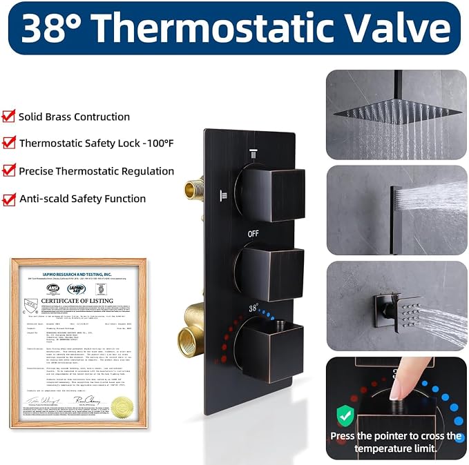 HOMEDEC Brass 3 Way Shower Diverter Valve, Thermostatic 3 Handle Control Shower - Image 3