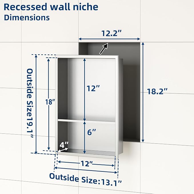 Neodrain 12X18 Inch Brushed Shower Niche, Double Shelf Stainless Steel No Tile - Image 3