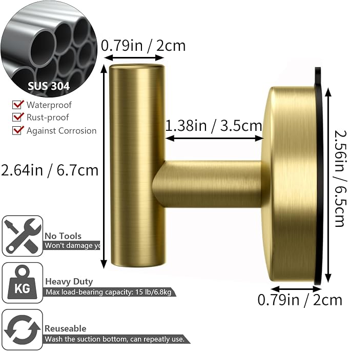 DGYB Large Cup Hooks for Bathrooms Set of 2 Gold Towel Hooks for Stainless - Image 6