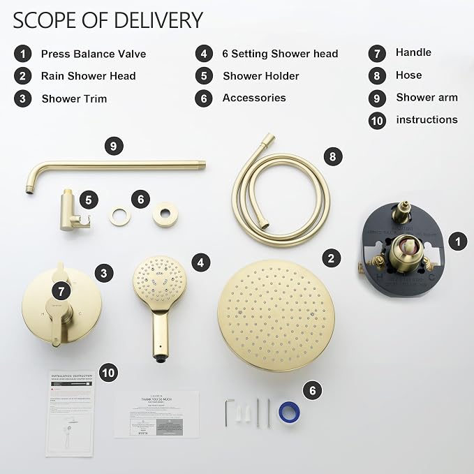 Brushed Gold Shower Faucet Set, Wall Mount Rain Shower System 10 Inches Shower - Image 9